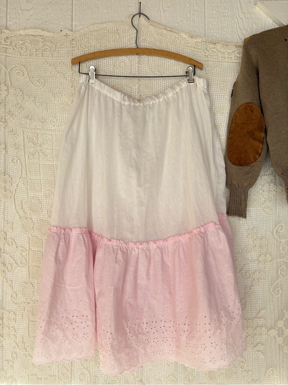 Handmade White and Pink Tiered Eyelet Midi Skirt